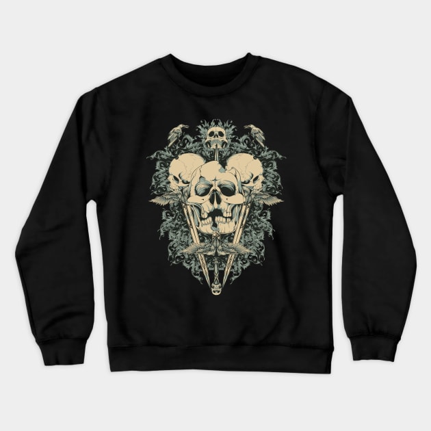 Zombie Aztec Skull Bones with Ravens Crewneck Sweatshirt by XOZ